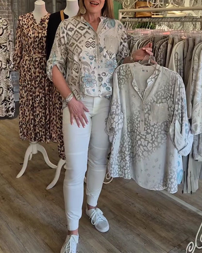 Button-Down V-Neck Printed Long-Sleeved Shirt