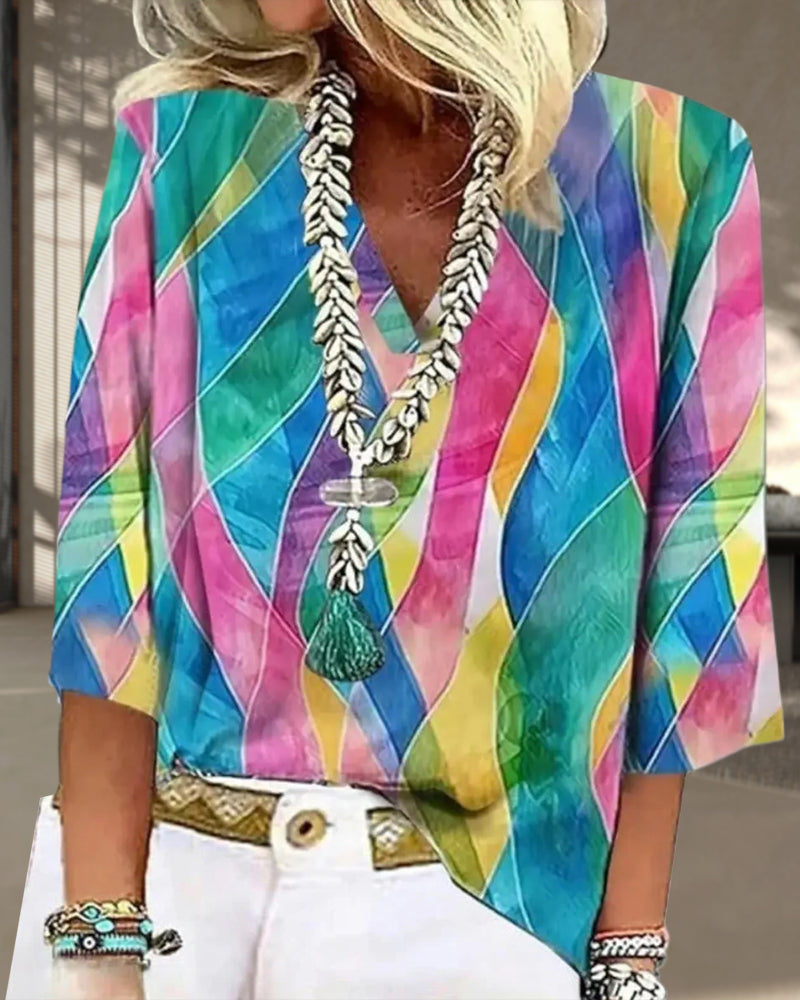 Bluse mit V-Ausschnitt und Kontrastfarbe