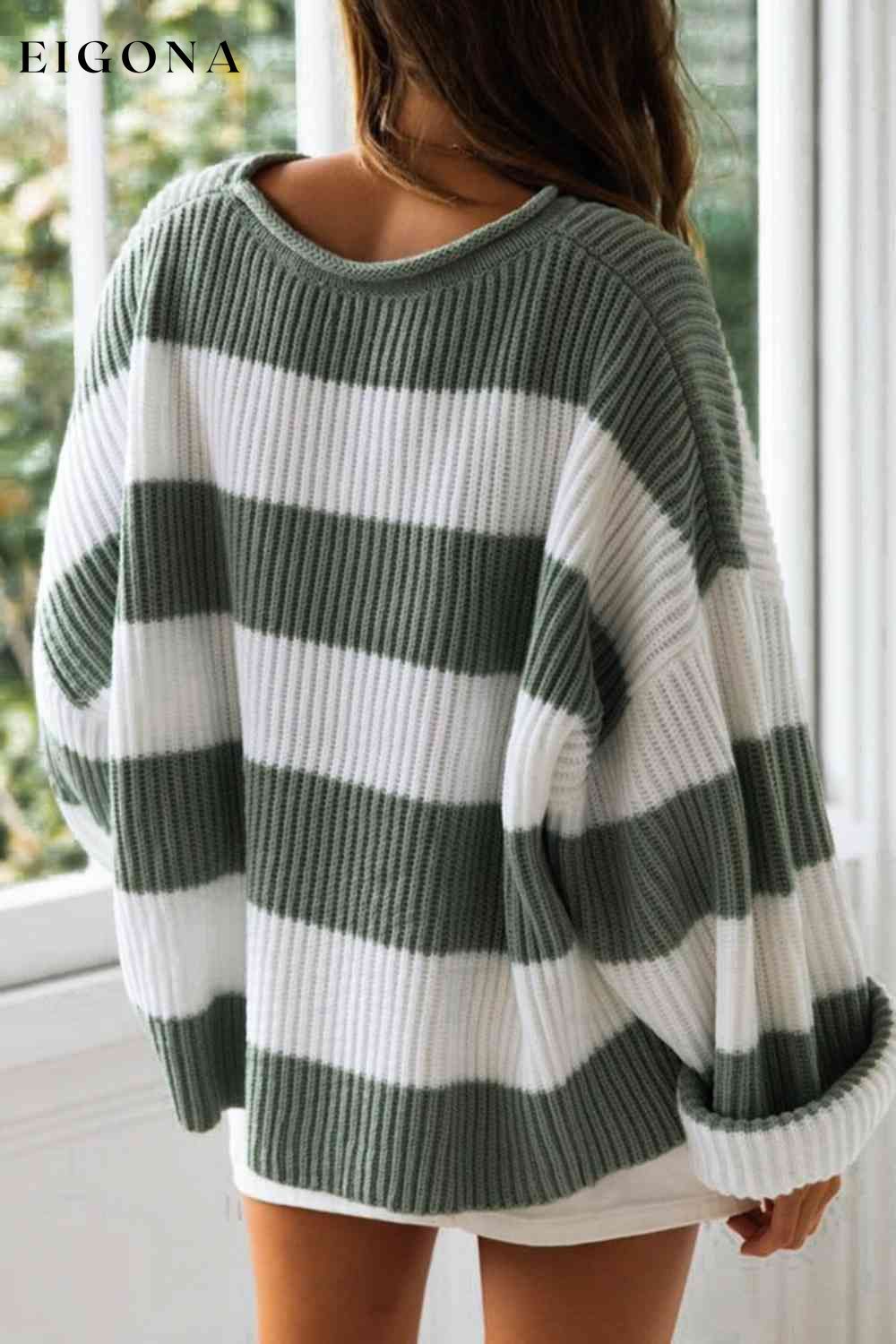 Striped Round Neck Long Sleeve Sweater clothes M@F@Y Ship From Overseas