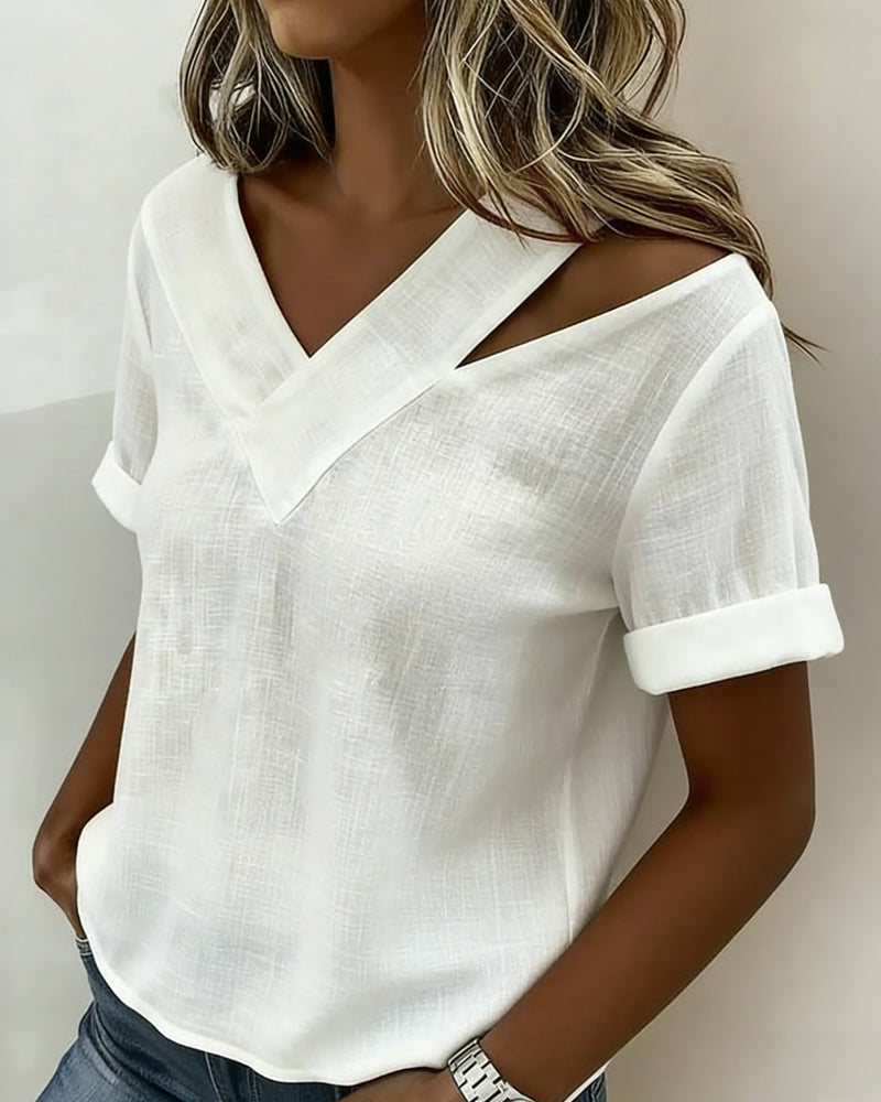 Off-Shoulder V-Neck Solid Short Sleeve Blouse