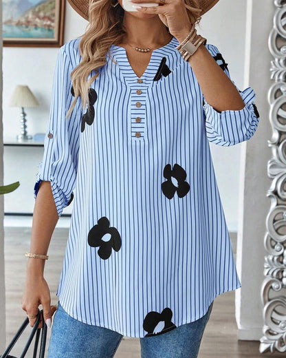 Striped Print V-Neck Fashion Shirt