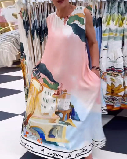 Ärmelloses, lockeres Kleid mit Landschaftsmalerei