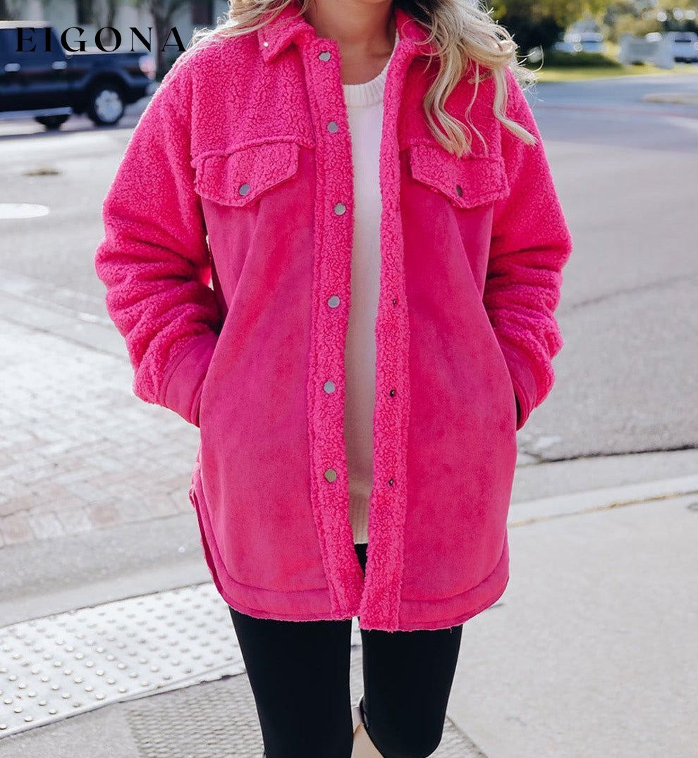 Bright Pink Faux Suede Sherpa Patchwork Button-up Shacket All In Stock Best Sellers clothes Color Pink EDM Monthly Recomend Fabric Fleece Hot picks Jackets & Coats Occasion Daily Print Solid Color Season Winter Style Southern Belle