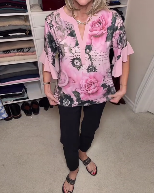 Fashionable Floral Ruffle Sleeve Blouse
