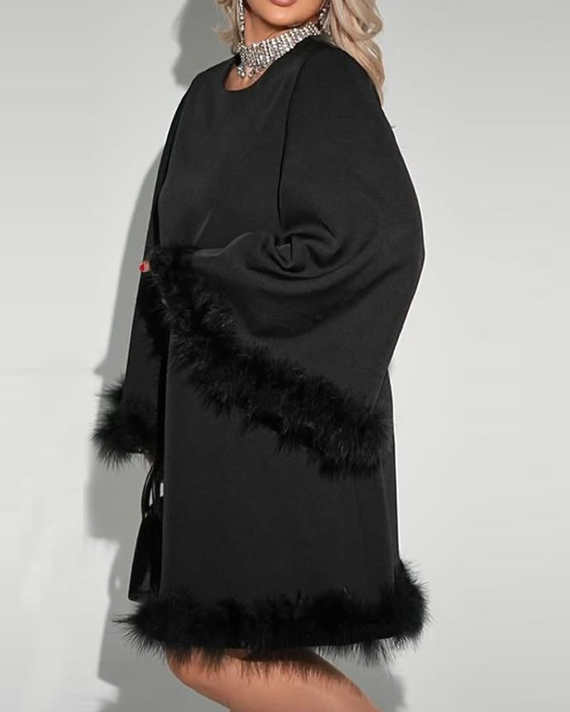 Bell Sleeve Fur Patchwork Loose Dress