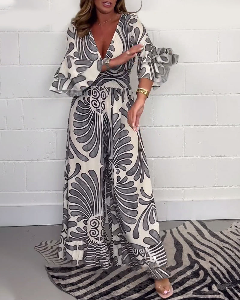 Deep V retro printed bell sleeve loose jumpsuit jumpsuits & rompers spring summer