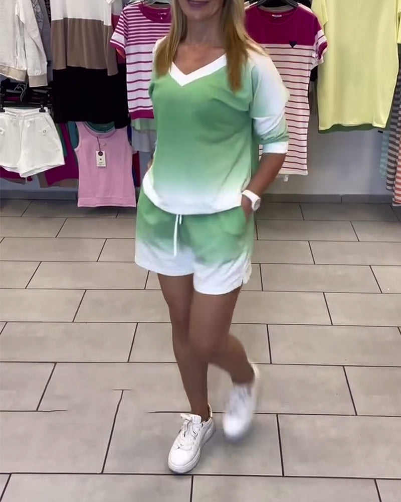 Langärmliges Sport-Set mit V-Ausschnitt und Farbverlauf