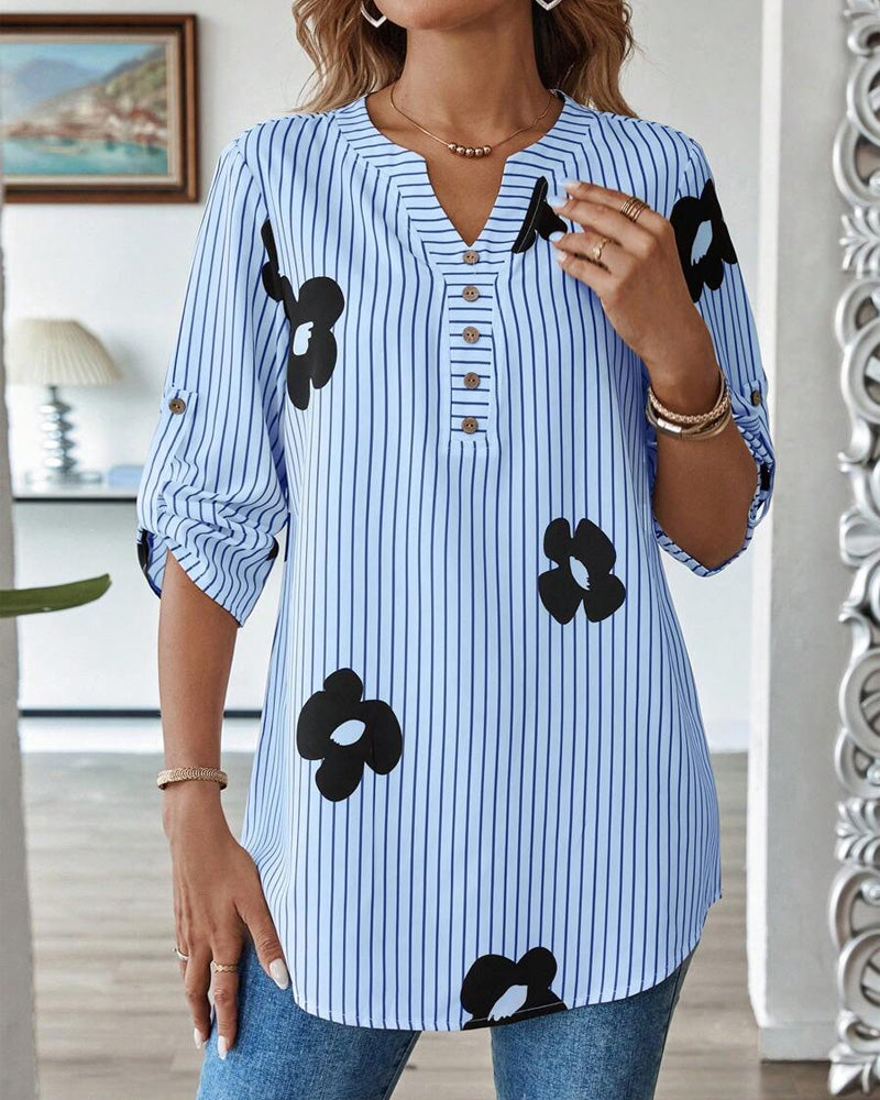 Striped Print V-Neck Fashion Shirt