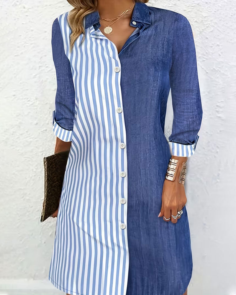 Collared Striped Color-Blocked Shirt Dress