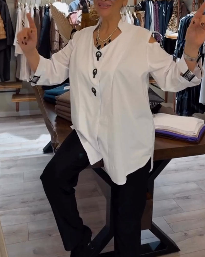 Off-The-Shoulder Contrast Long-Sleeved Blouse