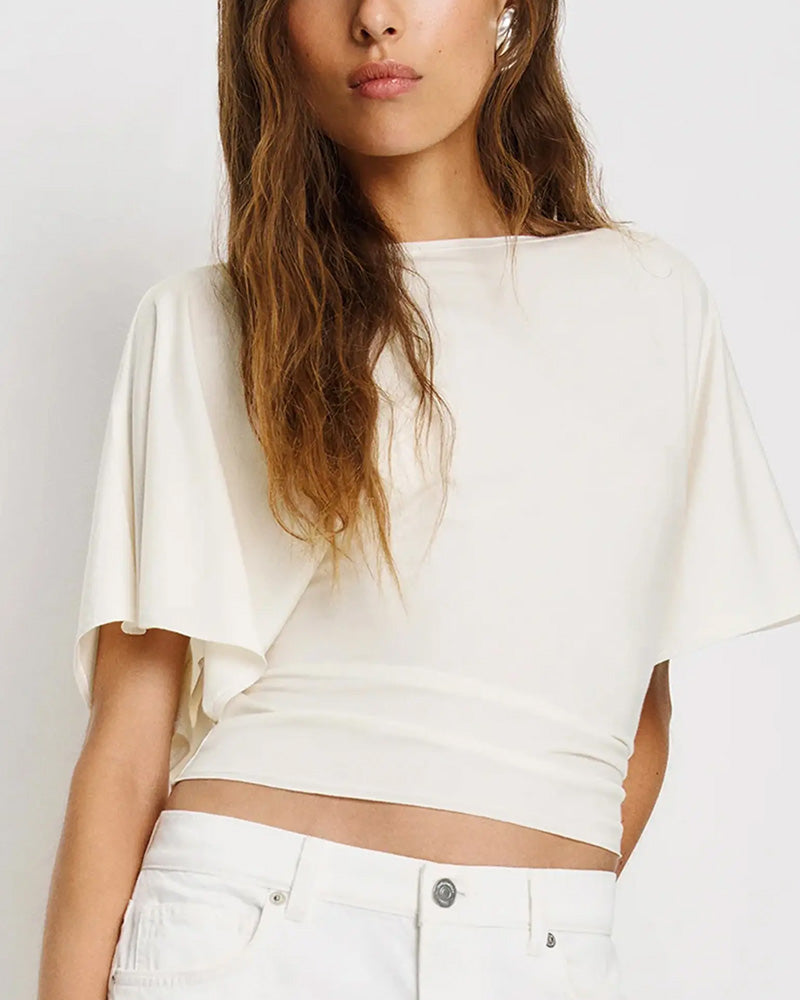 Bateau Neck Batwing Sleeve Waist-Cinch Cropped T-Shirt