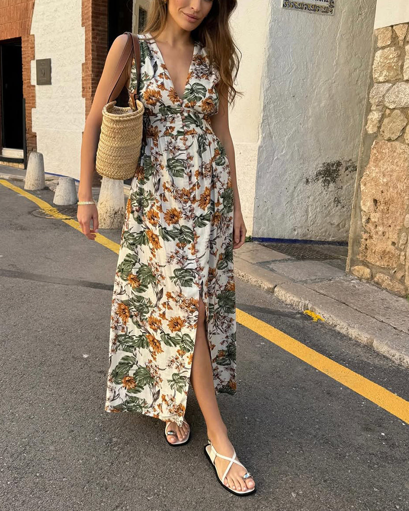 Holiday V-Neck Slit Floral Dress