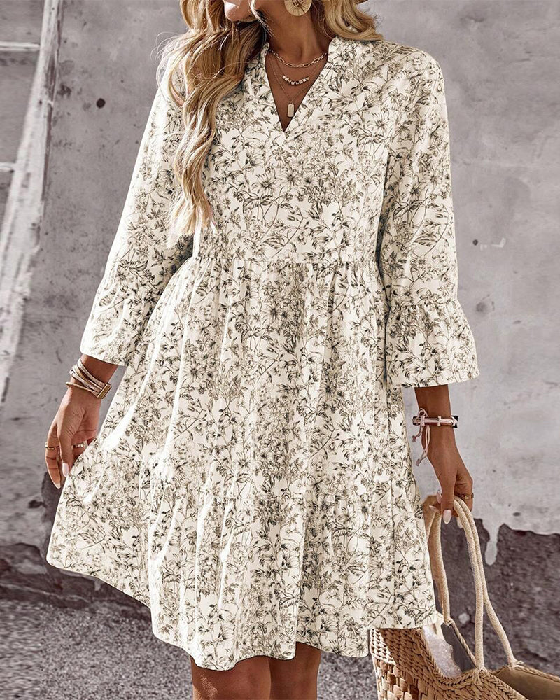 Stand-Collar Floral Print A-Line Dress