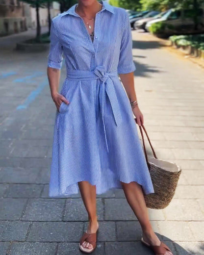 Waist Tie Lapel Striped Dress