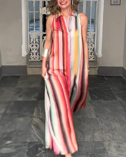 Ärmelloses Button-Down-Kleid mit buntem Streifenmuster und Revers