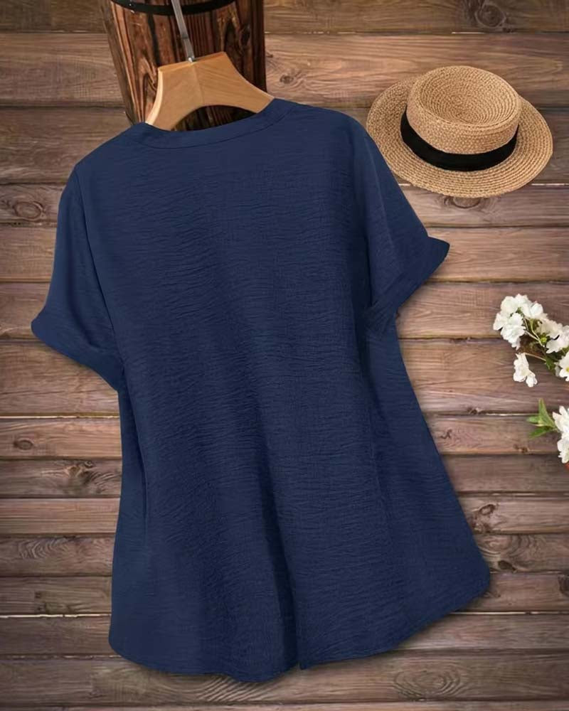 Solid Color Side-Slit Short-Sleeved Blouse