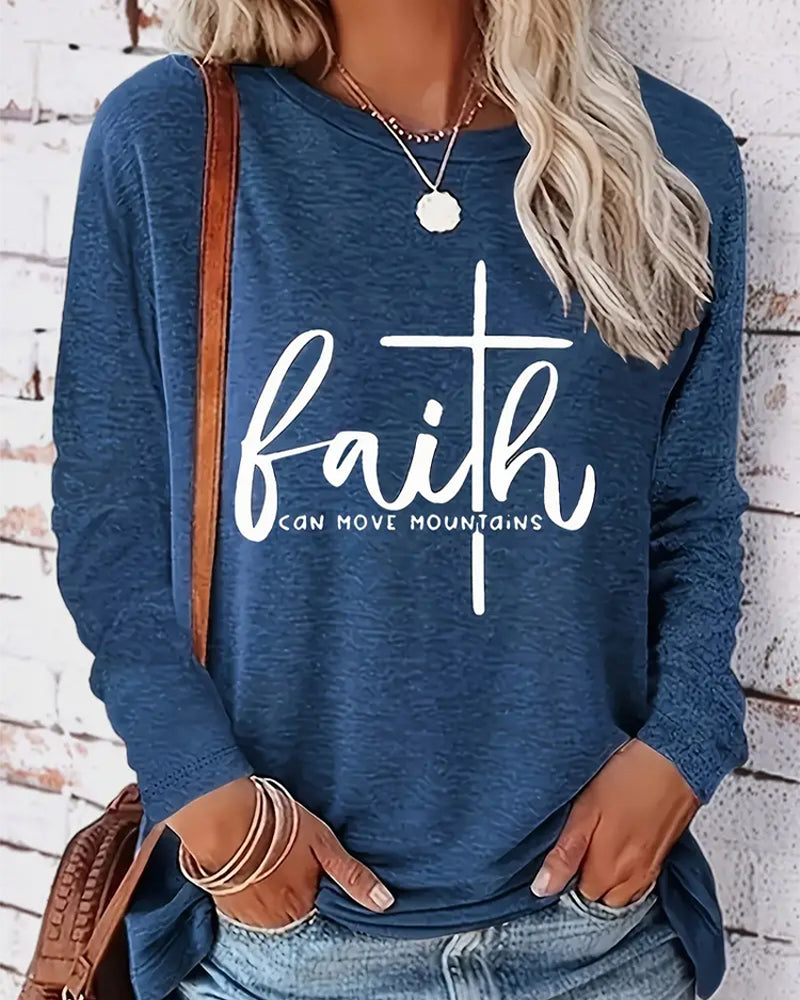 Faith-Inspired Print Womens Long Sleeve Crew Neck Top 2024 f/w blouses & shirts faith & slogan spring