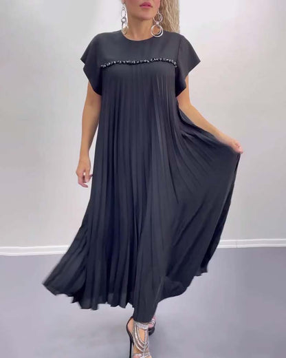 Beaded Short Sleeve Pleated Swing Dress 2024 f/w casual dresses