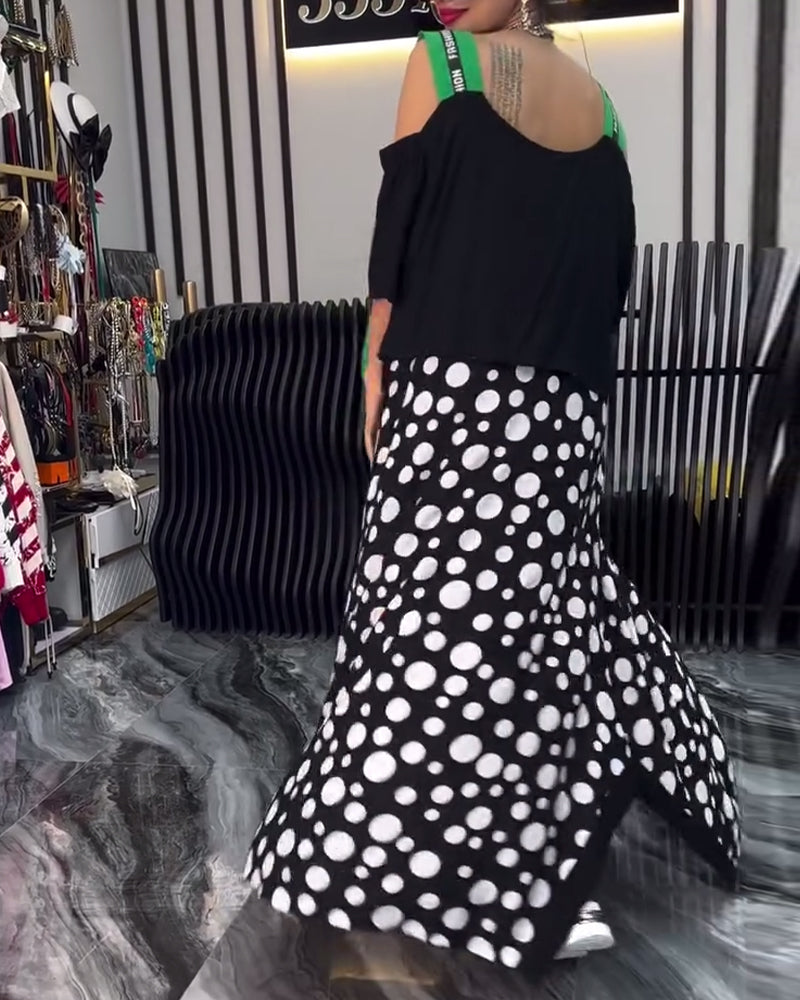 Lässiges Hosenträger-Patchworkkleid mit Punkten