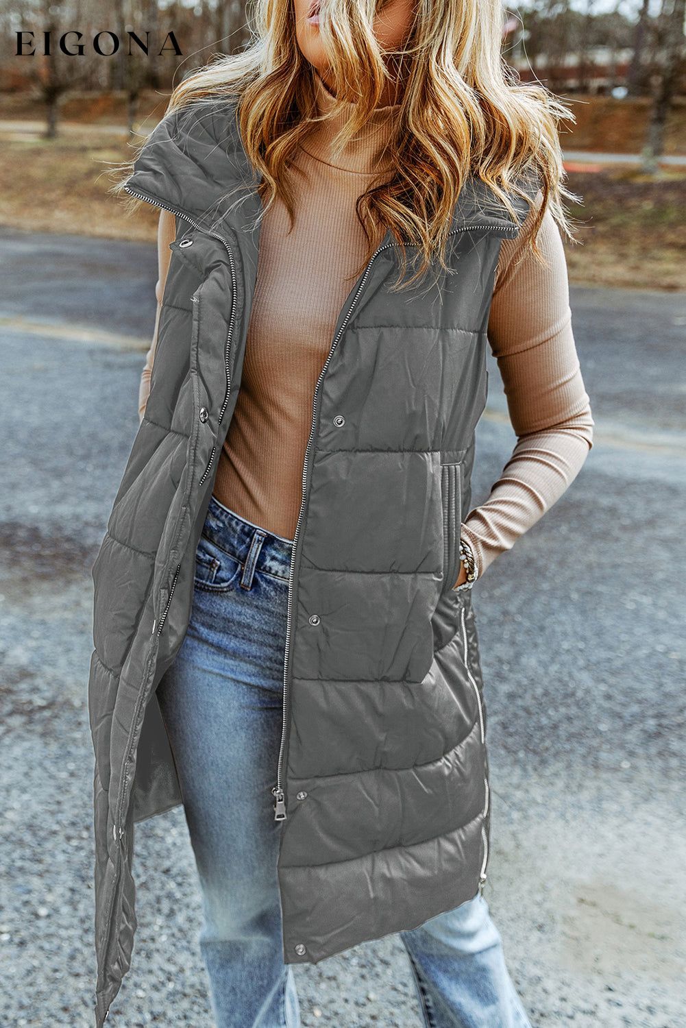 Dark Grey Hooded Long Quilted Vest Coat All In Stock clothes Craft Quilted DL Chic DL Exclusive Jackets & Coats long vest Occasion Daily Print Solid Color Season Winter Style Casual vest vests