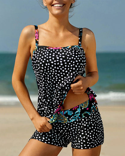 Flesh-Covering Polka-Dot Boxer Split Tankini