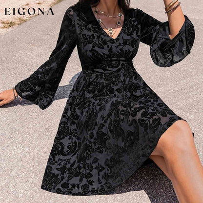 Floral V-Neck Flare Sleeve Mini Dress Black clothes H.R.Z Ship From Overseas