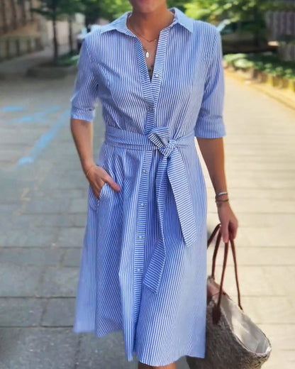 Waist Tie Lapel Striped Dress
