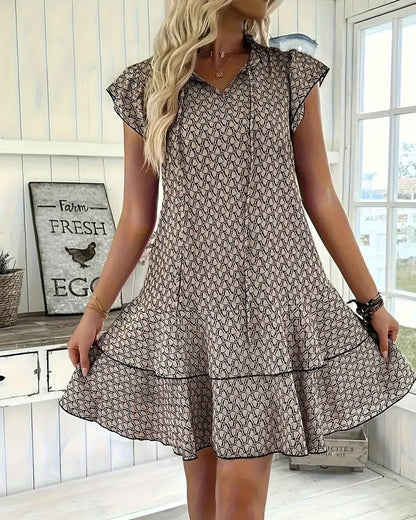 Ruffled Geometric Print Tie Dress