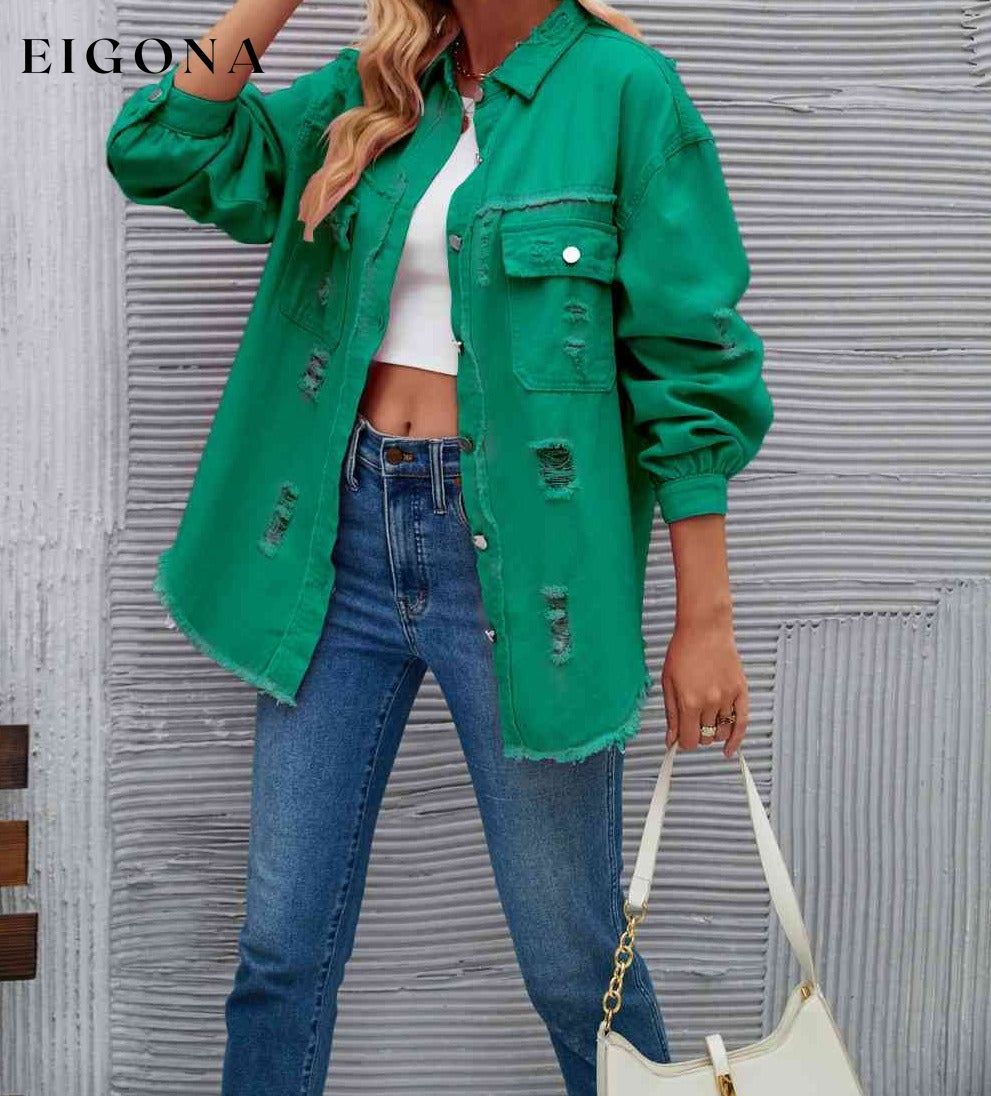 Distressed Raw Hem Denim Jacket Green clothes LT&SB Ship From Overseas