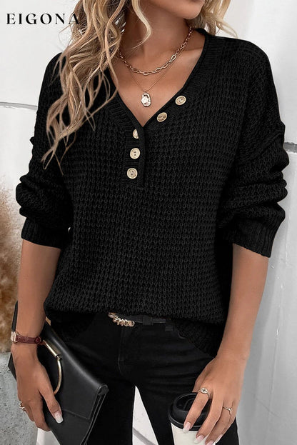 Black Pointelle Knit Button V Neck Drop Shoulder Sweater All In Stock clothes EDM Monthly Recomend Occasion Daily Print Solid Color Season Winter Style Casual