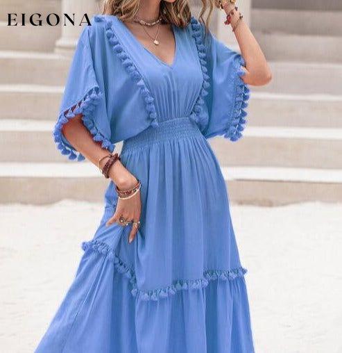 Tassel Trim Smocked V-Neck Short Sleeve Maxi Dress casual dresses clothes dress dresses H.R.Z long sleeve dress maxi dress Ship From Overseas short dress short sleeve short sleeve dress short sleeve dresses