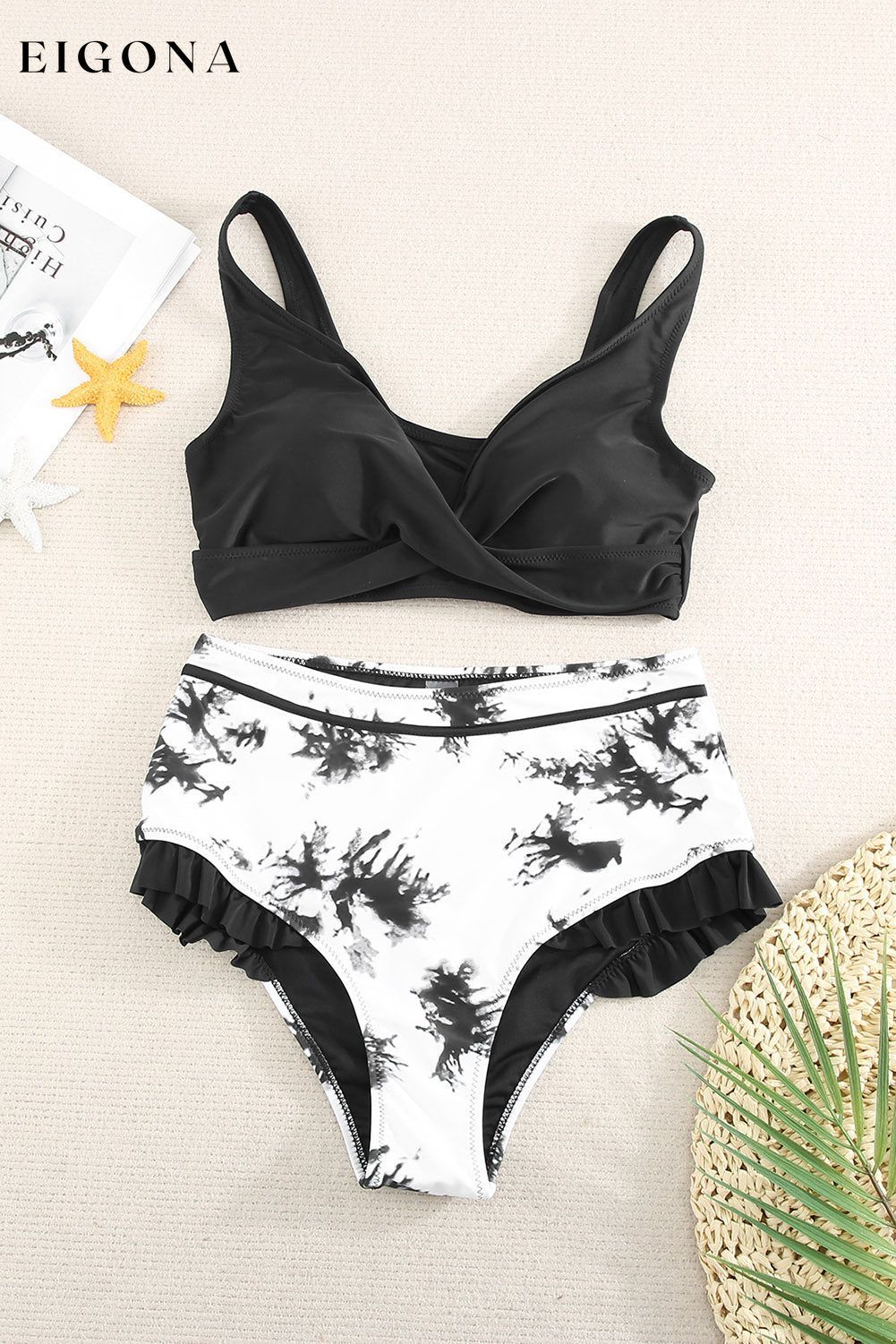 Two-Tone Crisscross Frill Trim Two-Piece Swimsuit 2 pieces beach wear clothes Ship From Overseas swim swimwear SYNZ