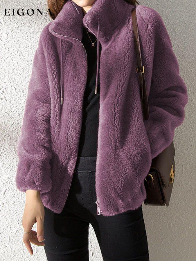 Casual Solid Fleece Stand Collar Zip Coat sweatshirts top tops winter sale