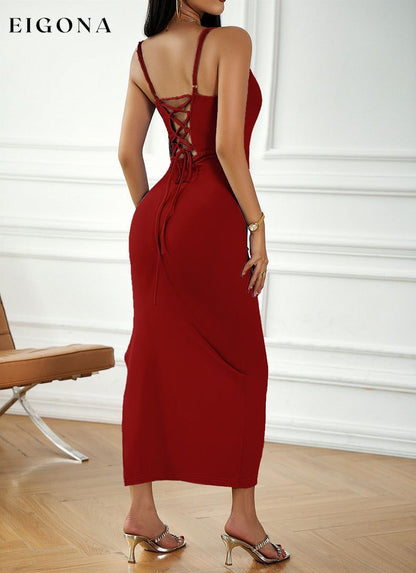 Lace-Up Spaghetti Casual Sexy Strap Slit Dress casual dresses clothes dresses DY Ship From Overseas trend