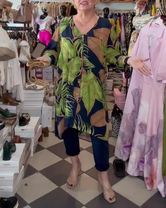 Lockeres Kleid mit V-Ausschnitt und Blattmuster