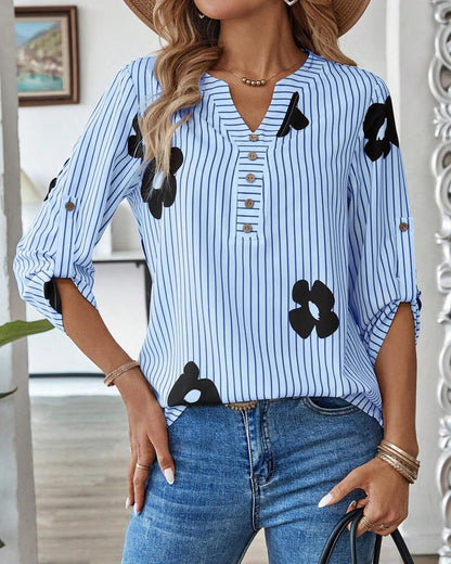 Striped Print V-Neck Fashion Shirt