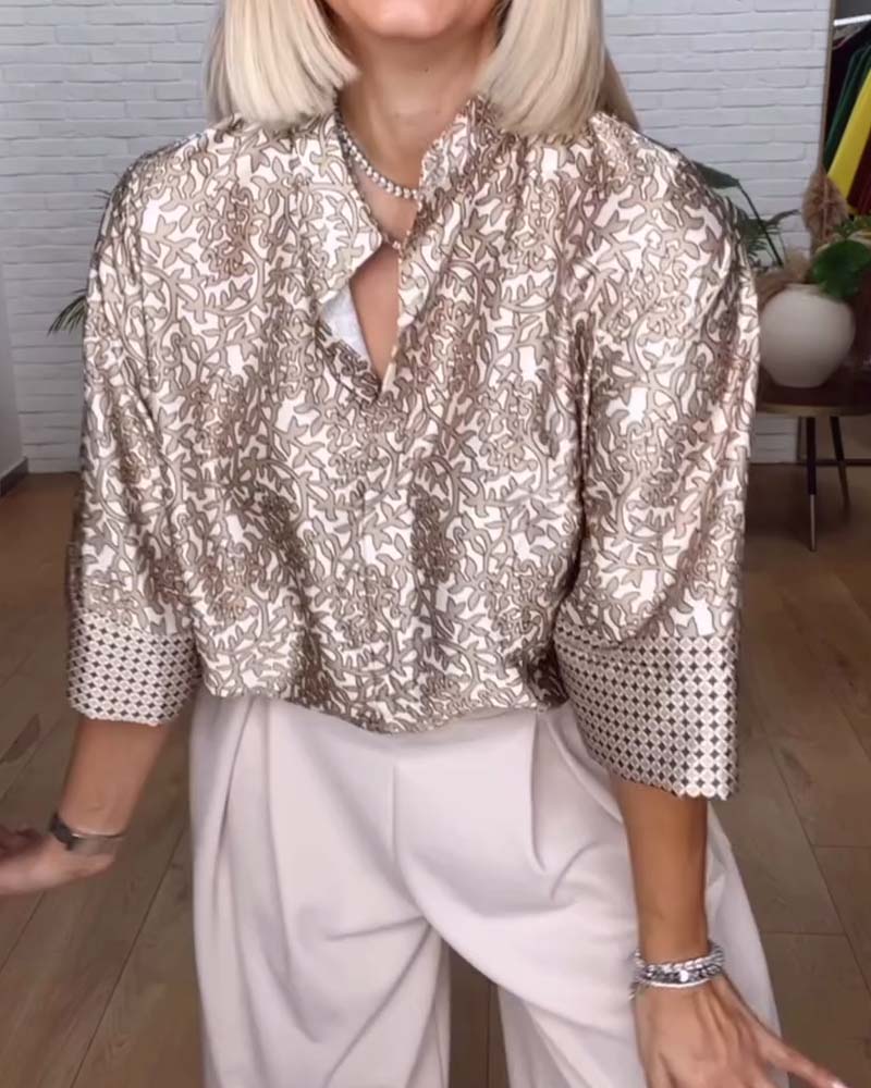 Stand-Collar Printed Satin  Blouse
