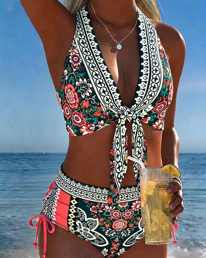 Bohemian Halter Neck Drawstring Bikini