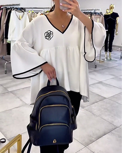 V-Neck Contrast Color Flared Sleeve Blouse