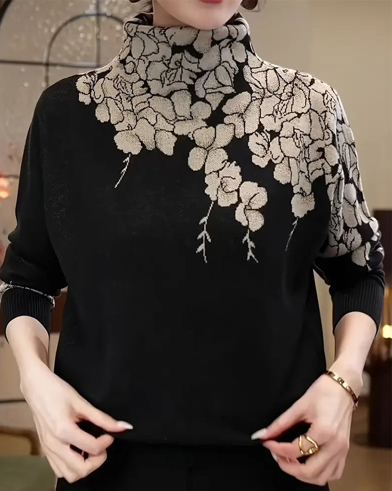 Fashion Turtleneck Floral Jacquard Pullover