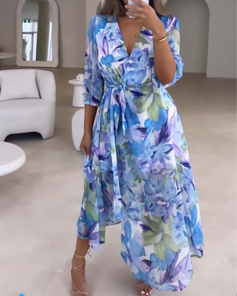 V-neck tie floral dress 202466 summer vacation dresses