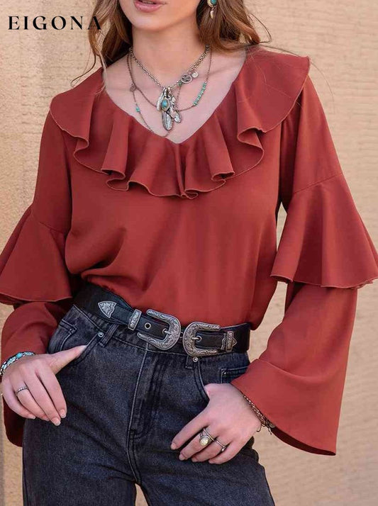 Statement Collar Long Sleeve Blouse Brick Red clothes H.R.Z Ship From Overseas