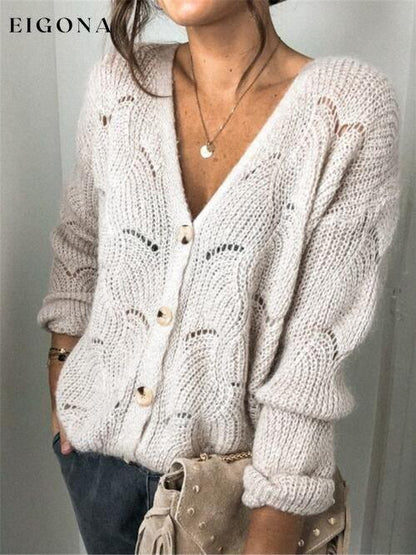 Openwork Button Up Long Sleeve Cardigan Beige A@Y@M cardigan cardigans clothes Ship From Overseas sweater sweaters Sweatshirt