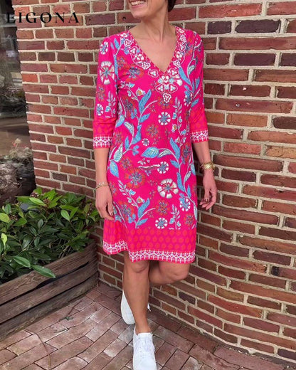 V-neck printed three-quarter sleeve midi dress casual dresses spring summer