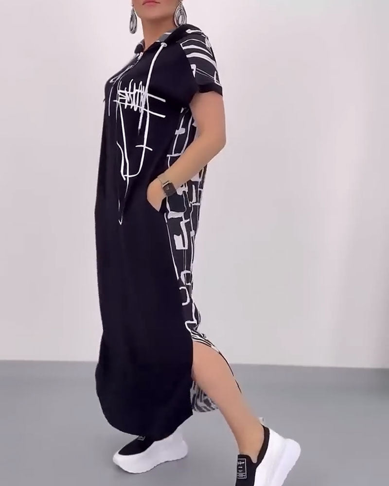 Lockeres Kontrastkleid mit halbem Reißverschluss