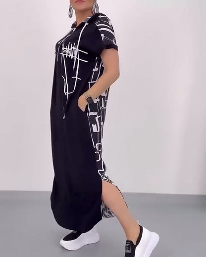 Lockeres Kontrastkleid mit halbem Reißverschluss