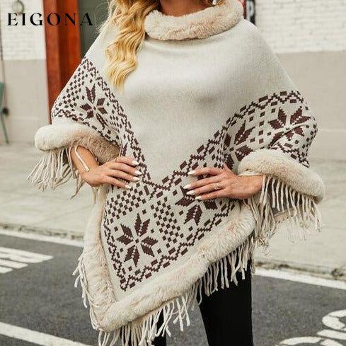 Fringe Geometric Cape Sleeve Poncho Ivory One Size christmas sweater clothes Drizzle poncho Ship From Overseas Sweater sweaters