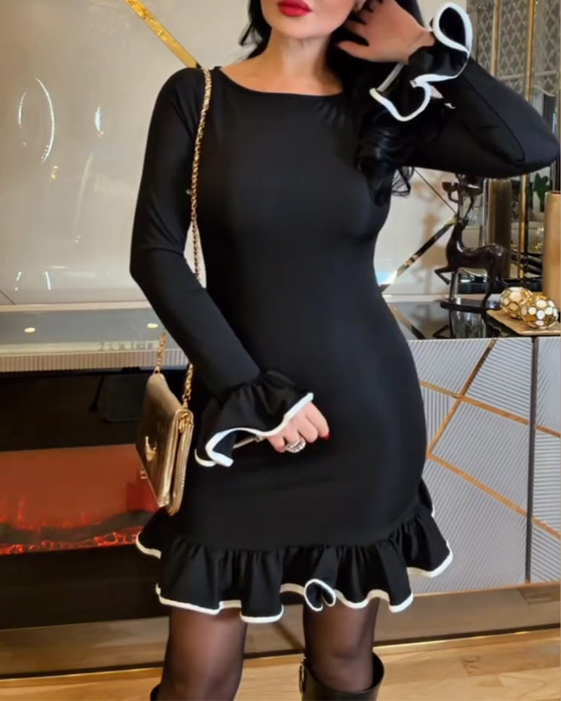 Slim-Fit Color-Block Lace Flounce Dress