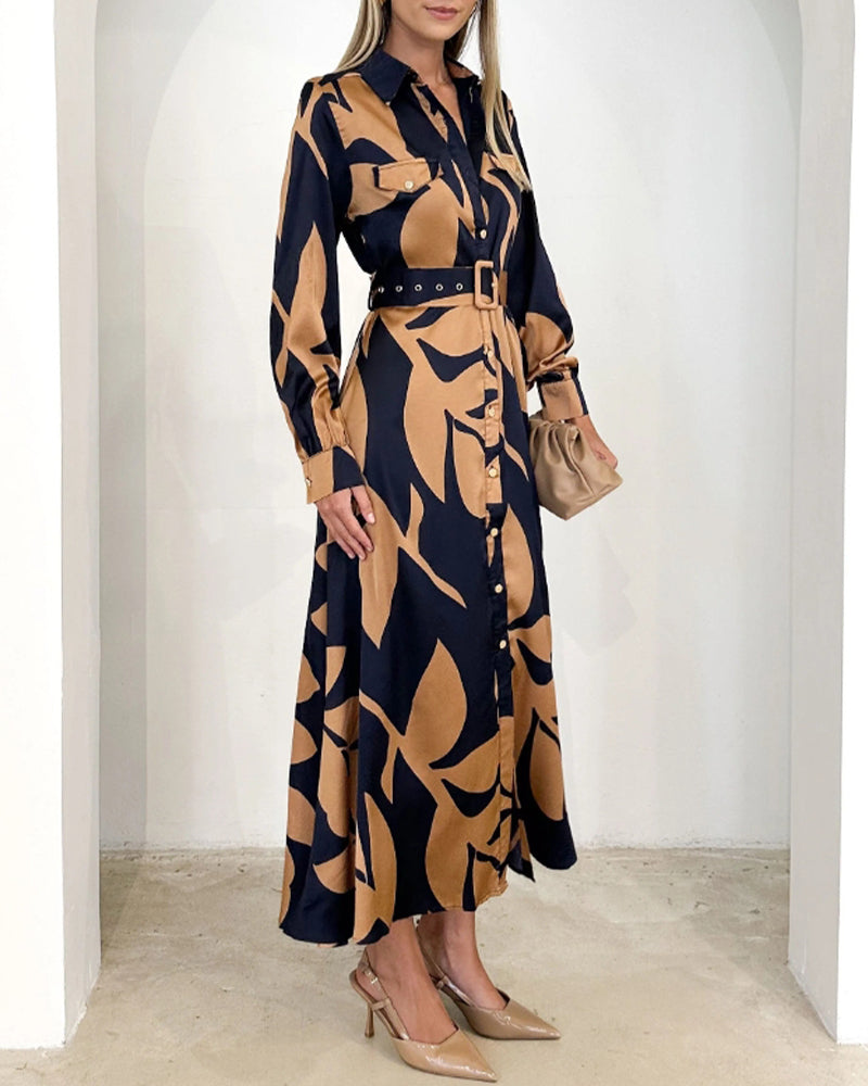 Elegant leaf print long sleeve lapel dress 2023 f/w casual dresses spring