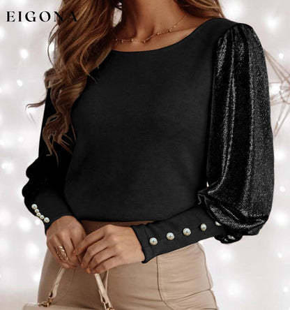 Black Buttoned Cuffs Shiny Puff Sleeves Sequin Top All In Stock clothes Craft Sequin long sleeve shirt long sleeve shirts long sleeve top long sleeve tops Occasion Daily Print Solid Color Season Fall & Autumn shirt shirts Style Elegant top tops